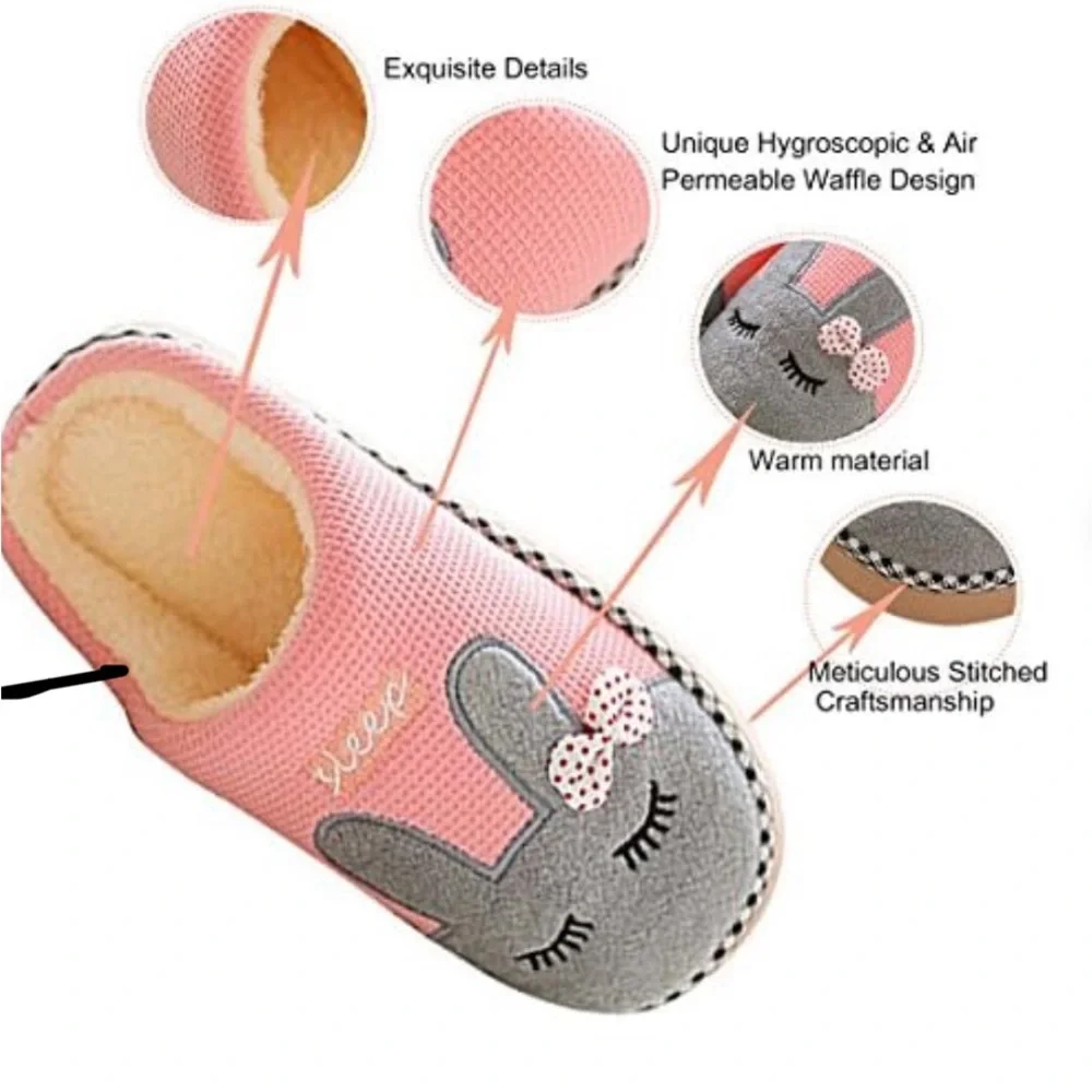 CIDBEST Easter Slippers Cotton bunny Cartoon Rabbit Bows Pink Grey No Slip 5/6